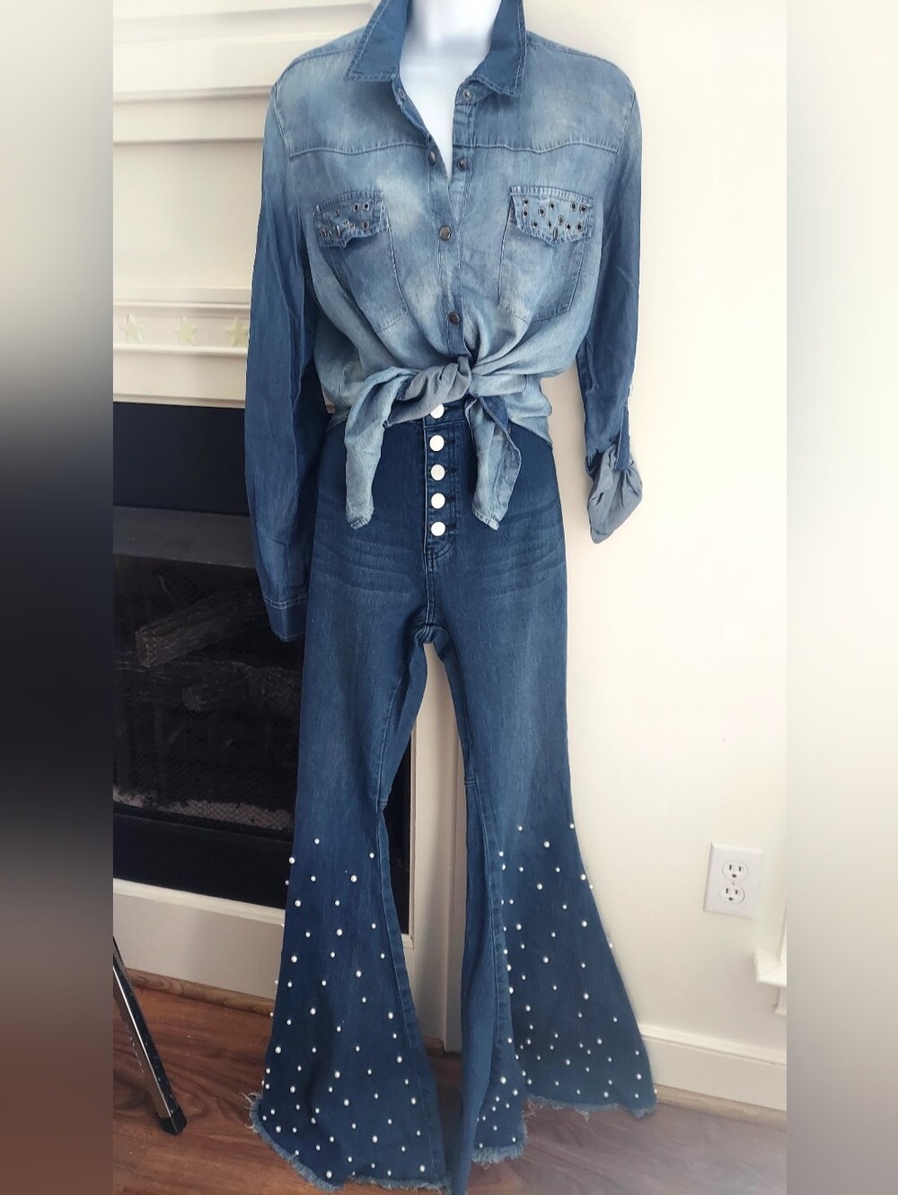 High-Rise Pearl-Embellished Flare Jeans in Denim Blue